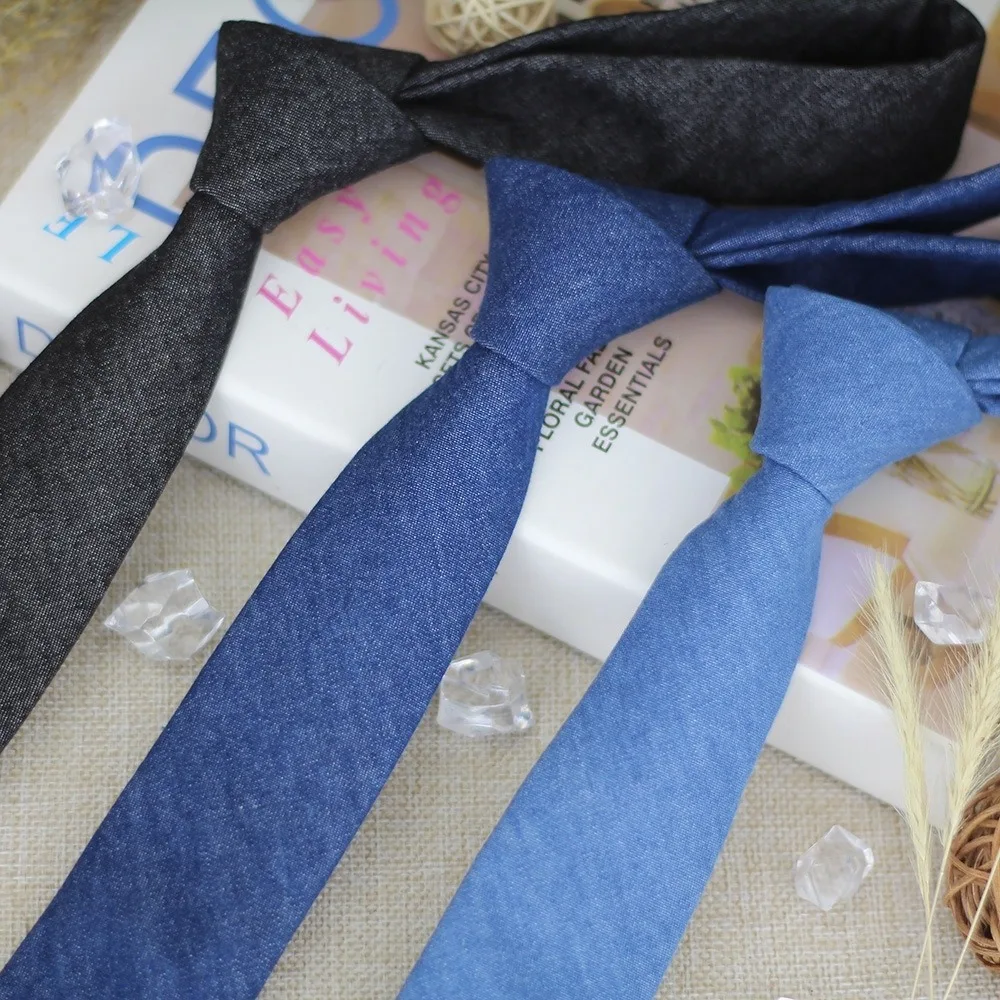 Классический однотонный джинсовый тканевый галстук - Фотография_3