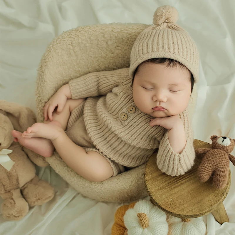 Костюм для фотосъемки новорожденных хаки вязаный комбинезон шапка 2 шт - Фотография_5