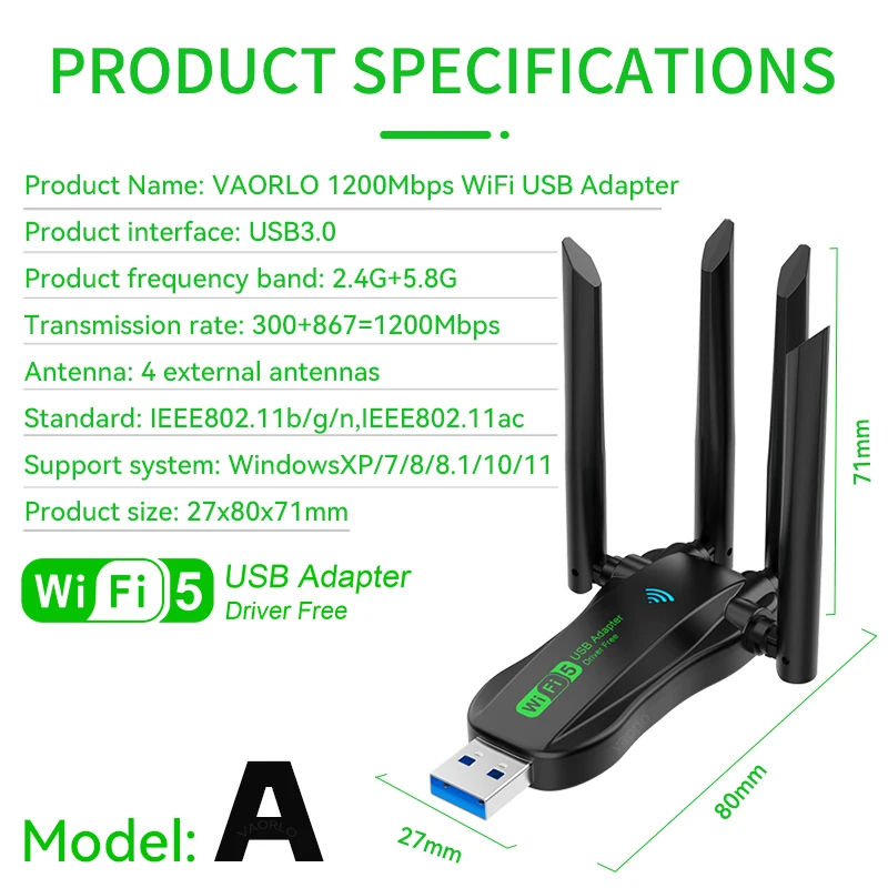 Двухдиапазонный 1200 мбит/с wifi usb-адаптер 2 - Фотография_6