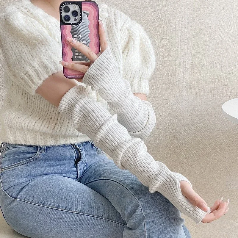 Женские вязаные теплые длинные перчатки без пальцев - Фотография_4