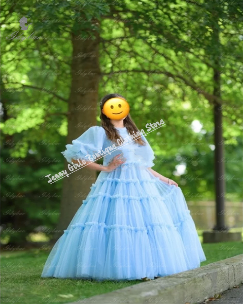 Голубые тюлевые платья с цветочным узором для девочек - Фотография_2