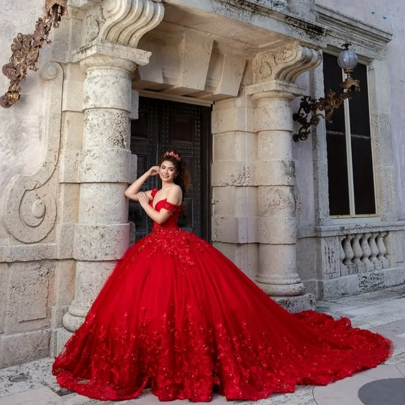 Красное платье quinceanera с открытыми плечами по индивидуальному заказу - Фотография_4