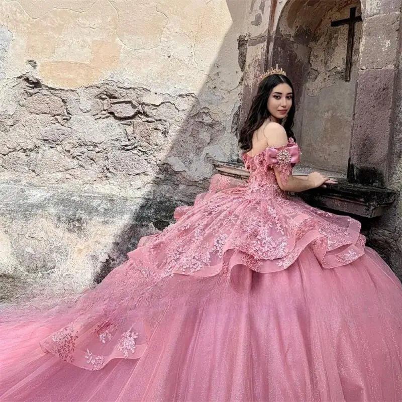 Персиково-розовое бальное платье quinceanera с королевским шлейфом 15 - Фотография_3