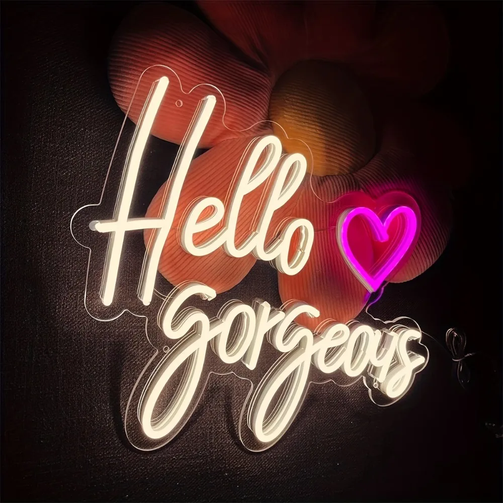 Светодиодная неоновая вывеска «hello gorgeous» с подарками в виде сердца - Фотография_4