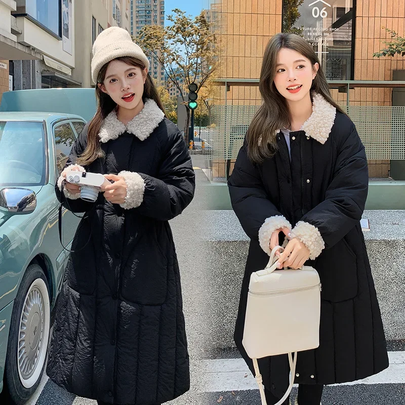 Длинная пуховая куртка pinkyisblack из хлопка с воротником из ягненка