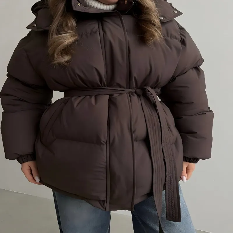 Женское коричневое хлопковое пальто с капюшоном - Фотография_2