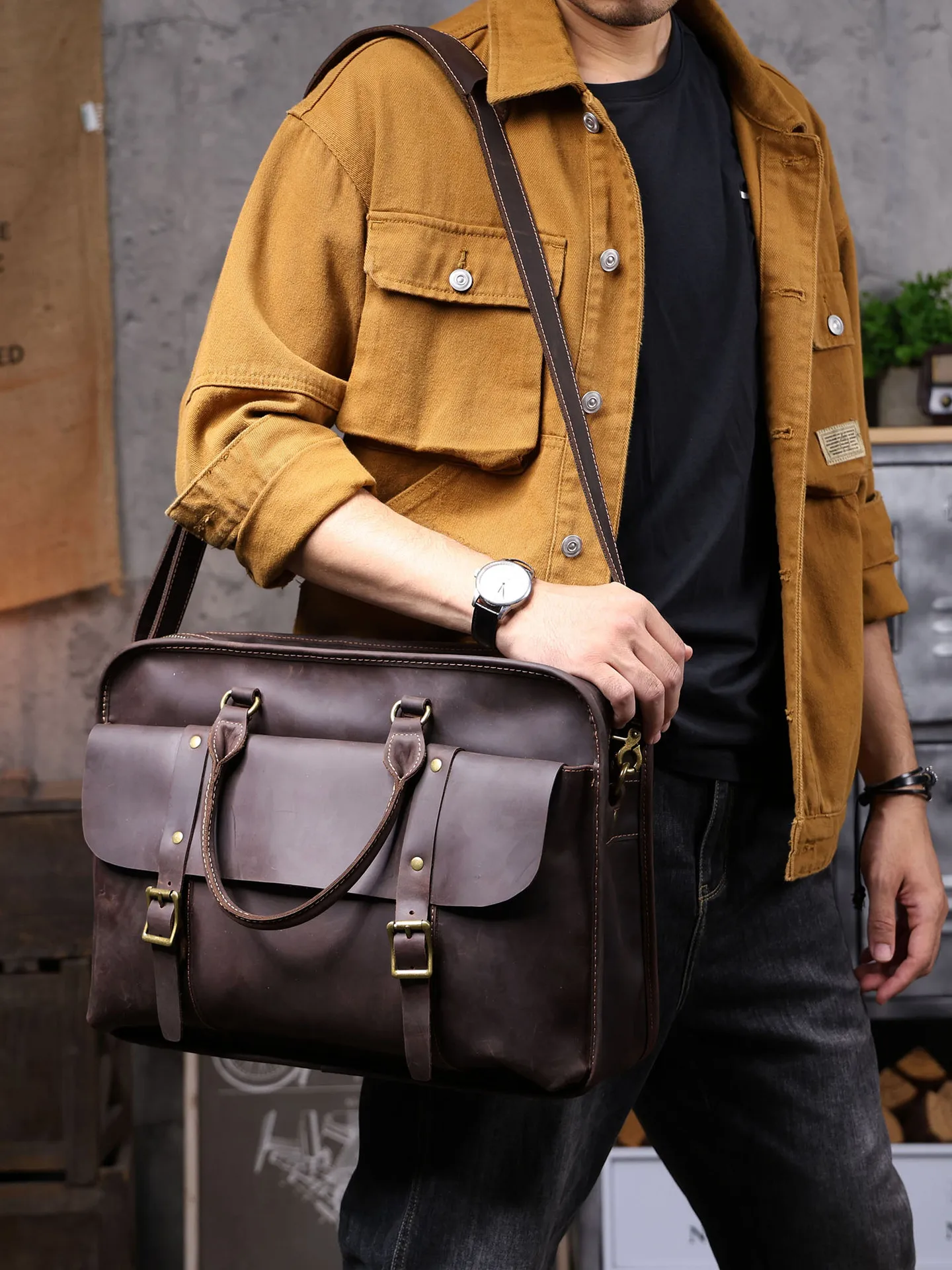 Pndme винтажный мужской портфель-органайзер из воловьей кожи crazy horse - Фотография_4