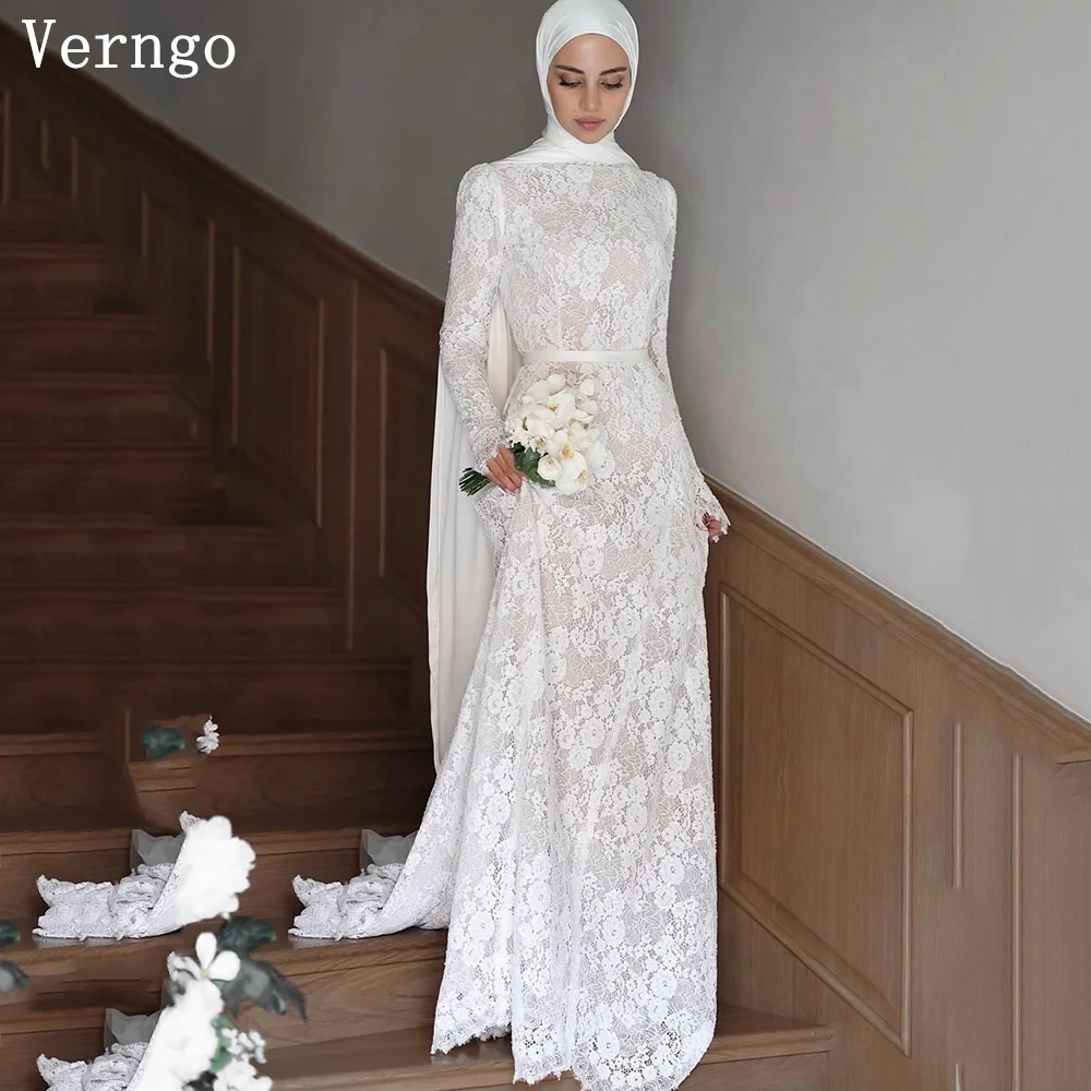 Verngo кружевное свадебное платье с высоким воротом и длинными рукавами