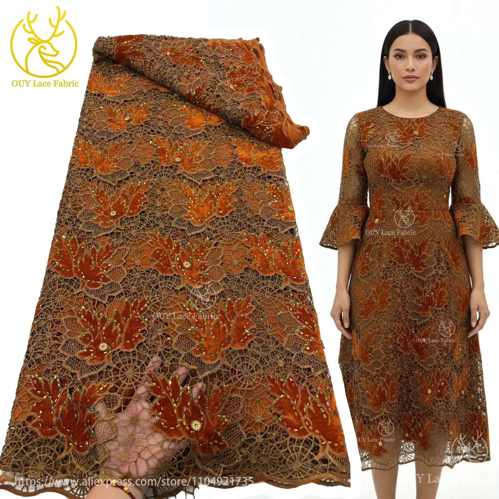 Роскошная бархатная африканская кружевная ткань с кристаллами - Фотография_3