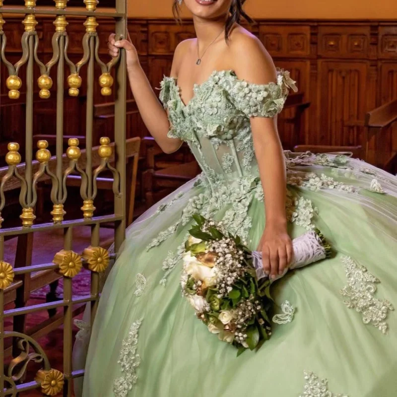Индивидуальные мятно-зеленые платья quinceanera с открытыми плечами