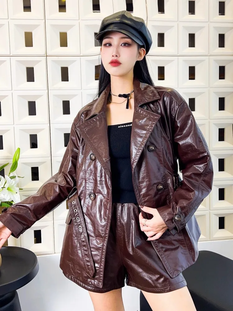 Винтажная осенняя женская двубортная куртка с поясом - Фотография_2