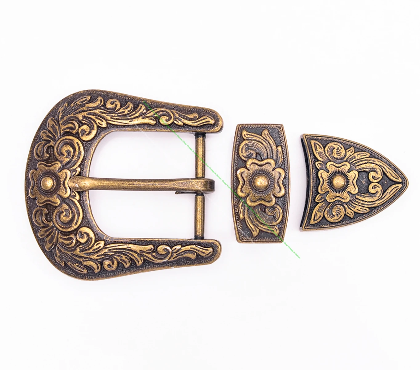 Винтажный латунный цветочный резная пряжка для ремня из 3 предметов - Фотография_2