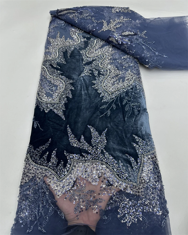 Африканская бархатная кружевная ткань с блестками - Фотография_3