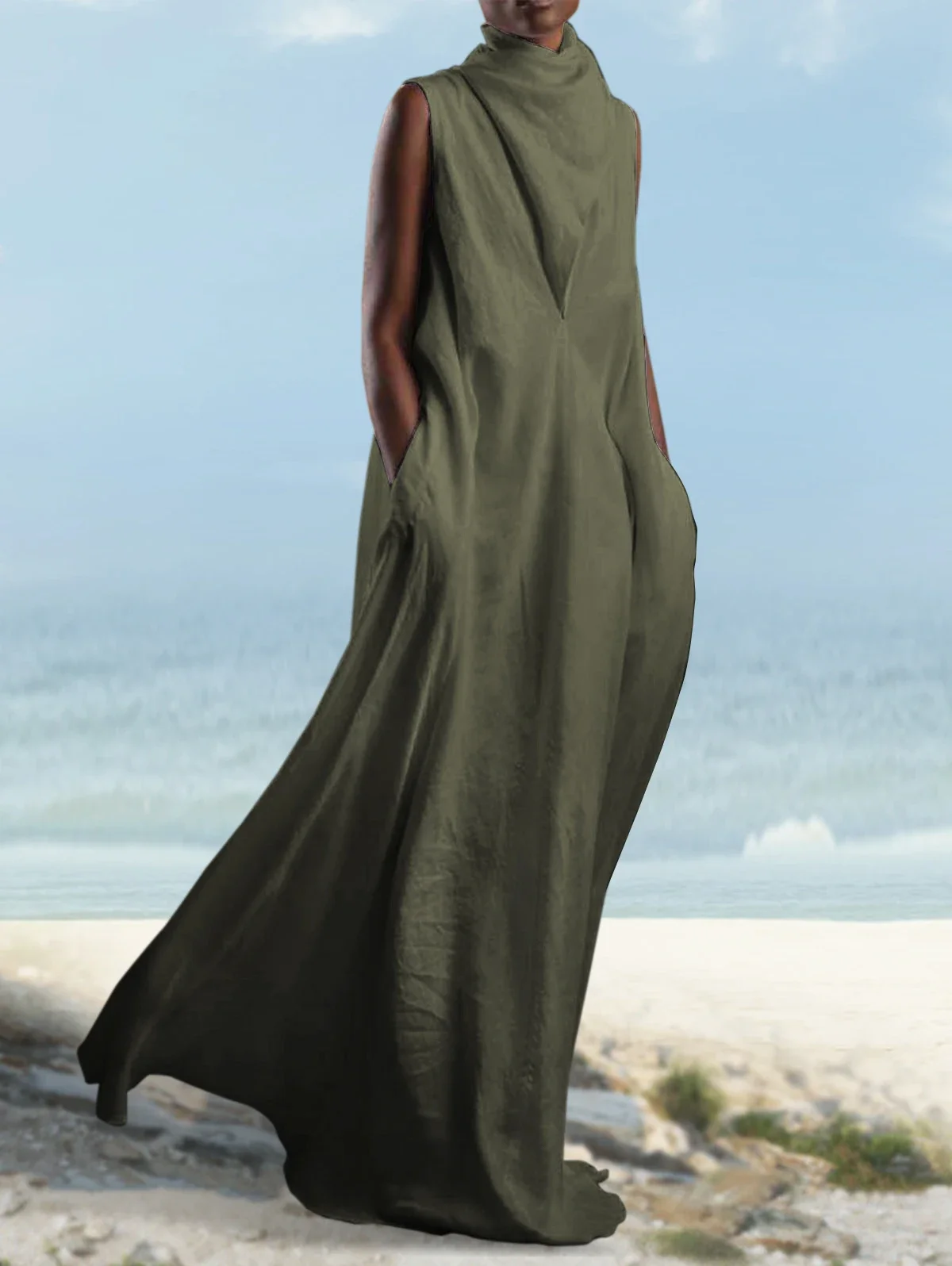 Женское хлопково-льняное платье больших размеров с карманами - Фотография_2