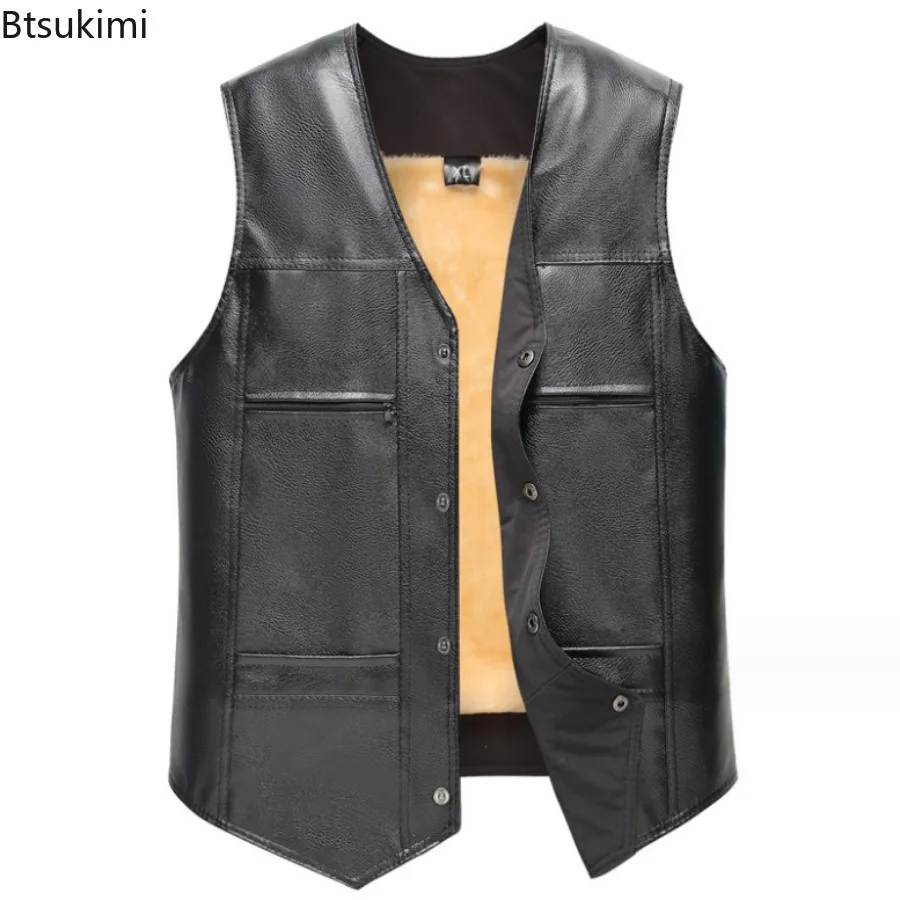 Осень-зима, новый мужской кожаный жилет с флисовой подкладкой - Фотография_2