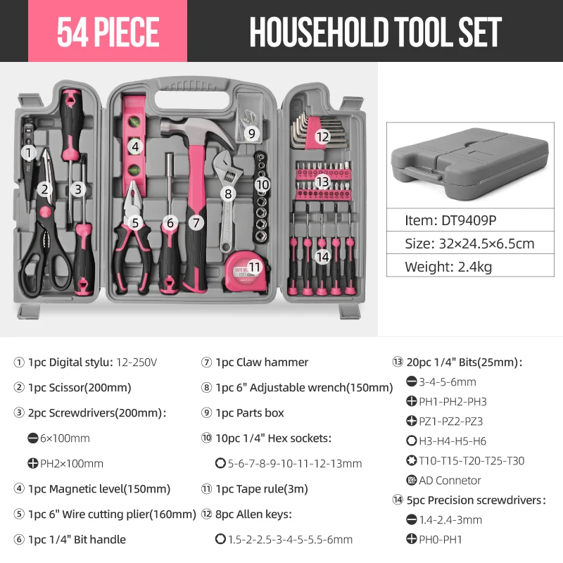 Розовый женский набор ручных инструментов