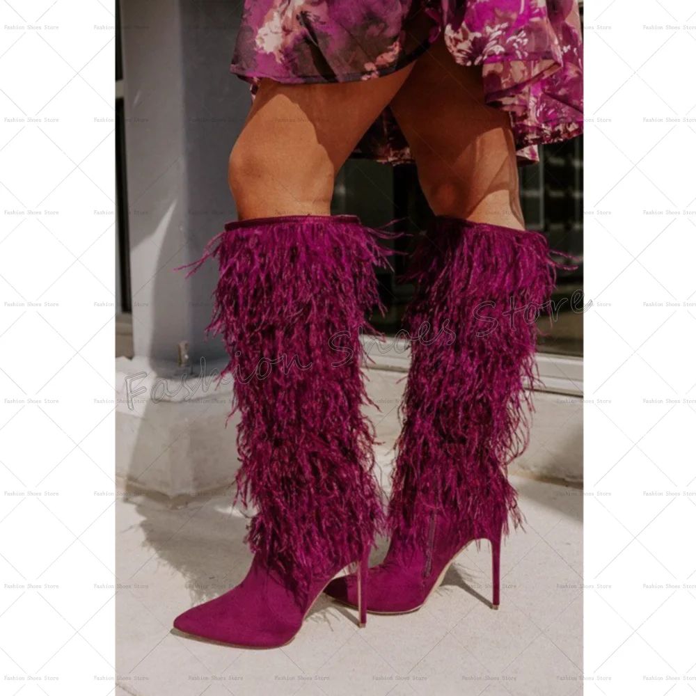 Фиолетовые ботинки с боковой молнией и декором из перьев - Фотография_2