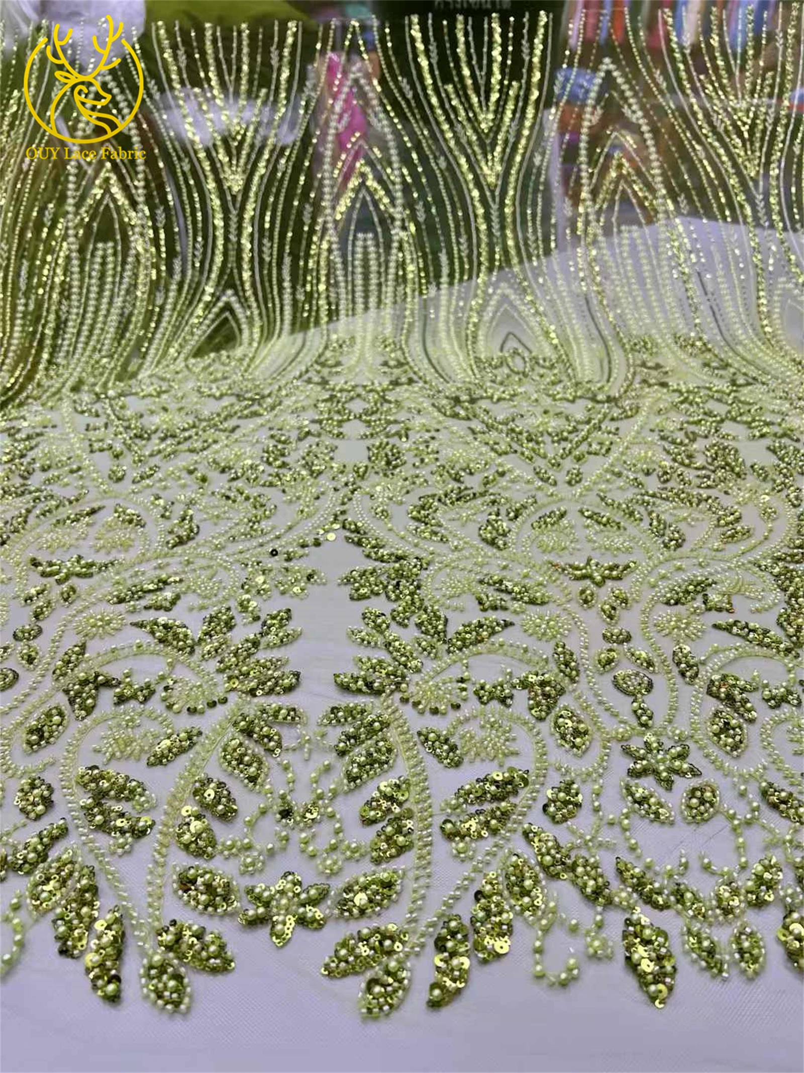 Зеленая африканская тюлевая кружевная ткань с бисером - Фотография_2