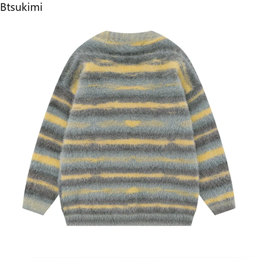 Мужской утолщенный вязаный кардиган в желтую полоску - Фотография_2