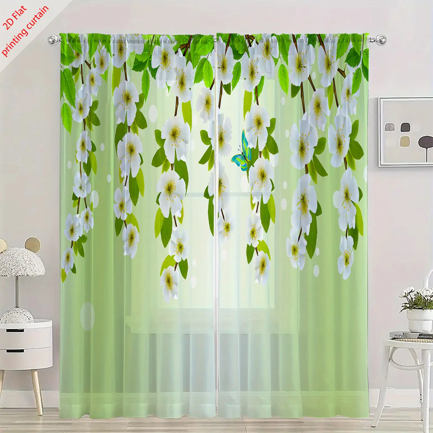 Прозрачная марлевая занавеска с принтом растений - Фотография_4