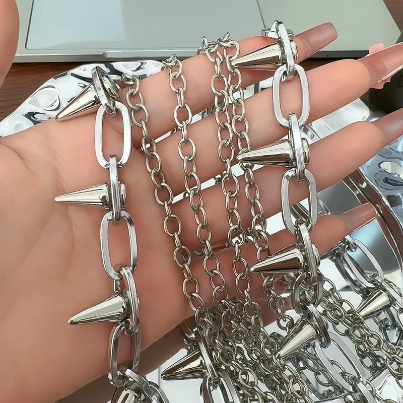 Серебряный двухслойный пояс в стиле панк с заклепками - Фотография_6