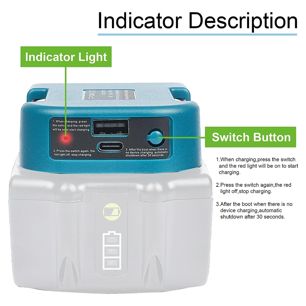 Usb-адаптер power bank r для makita/dewalt/milwaukee - Фотография_3