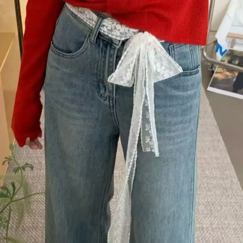 Модный длинный кружевной пояс y2k с бантом и цветочным кружевом - Фотография_4