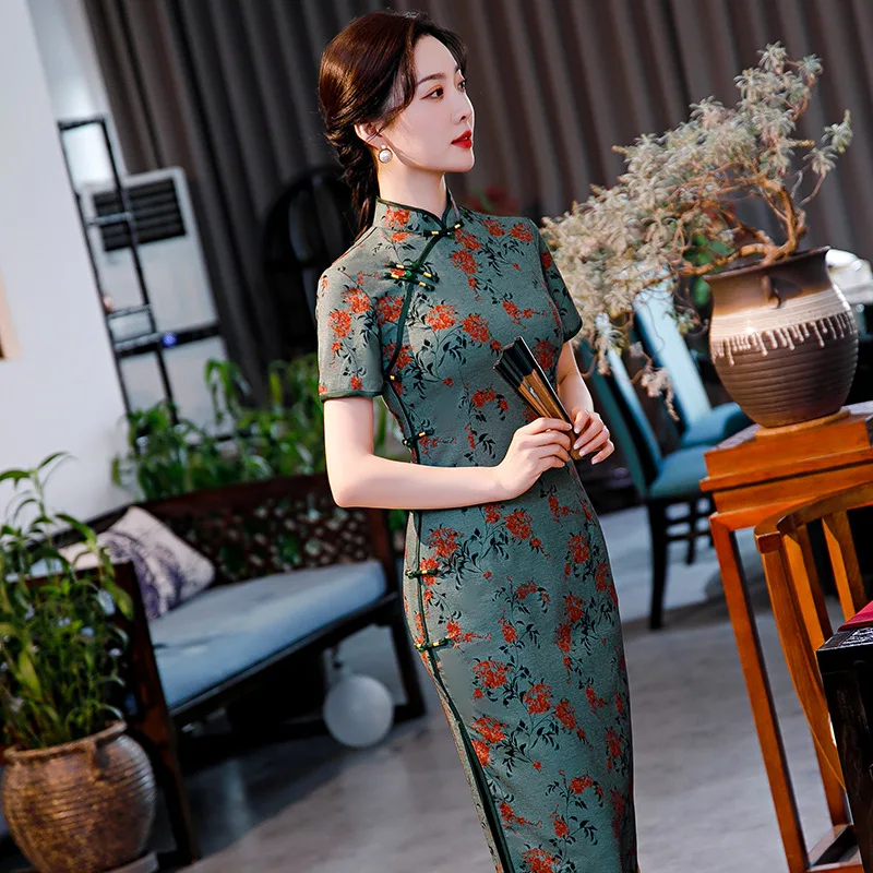 Китайский винтажный cheongsam темно-зеленый - Фотография_5