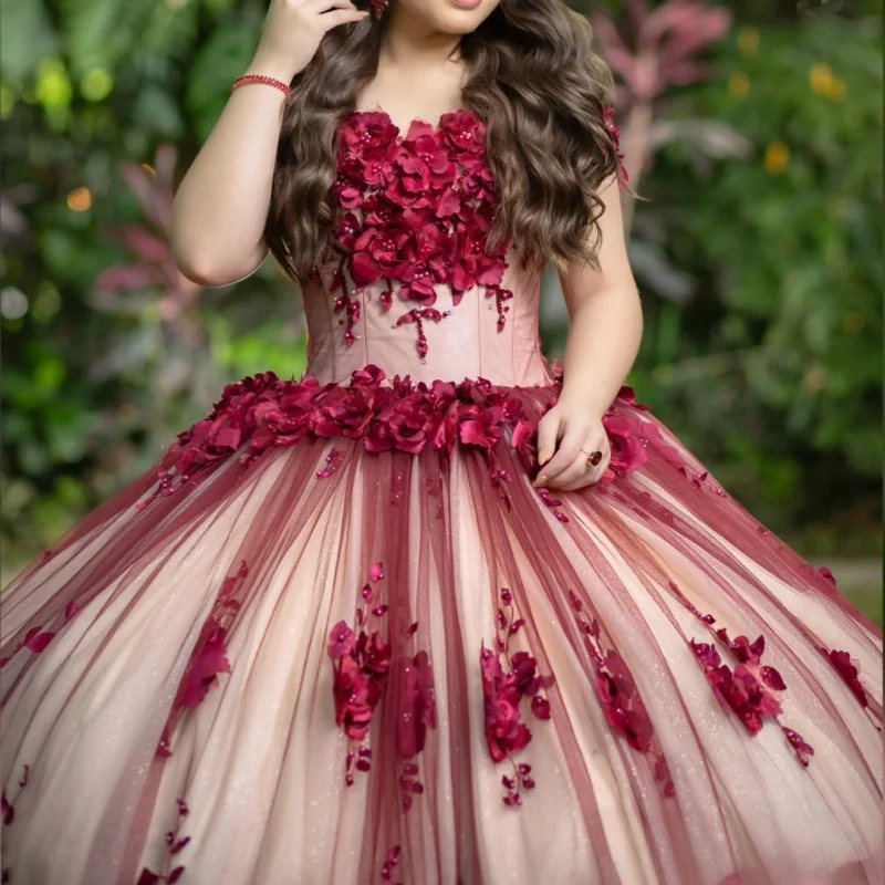 Индивидуальные винно-красные платья quinceanera с открытыми плечами - Фотография_5