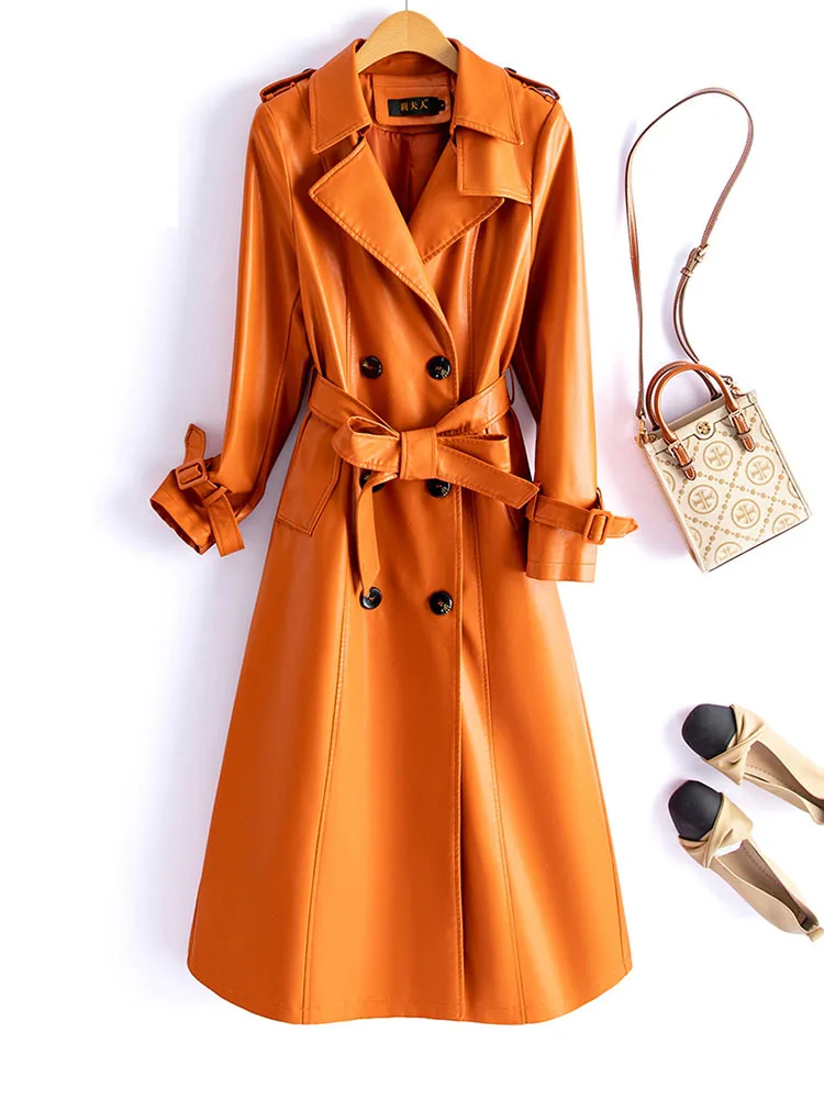 Шикарные женские двубортные плащи из натуральной кожи с поясом на шнуровке