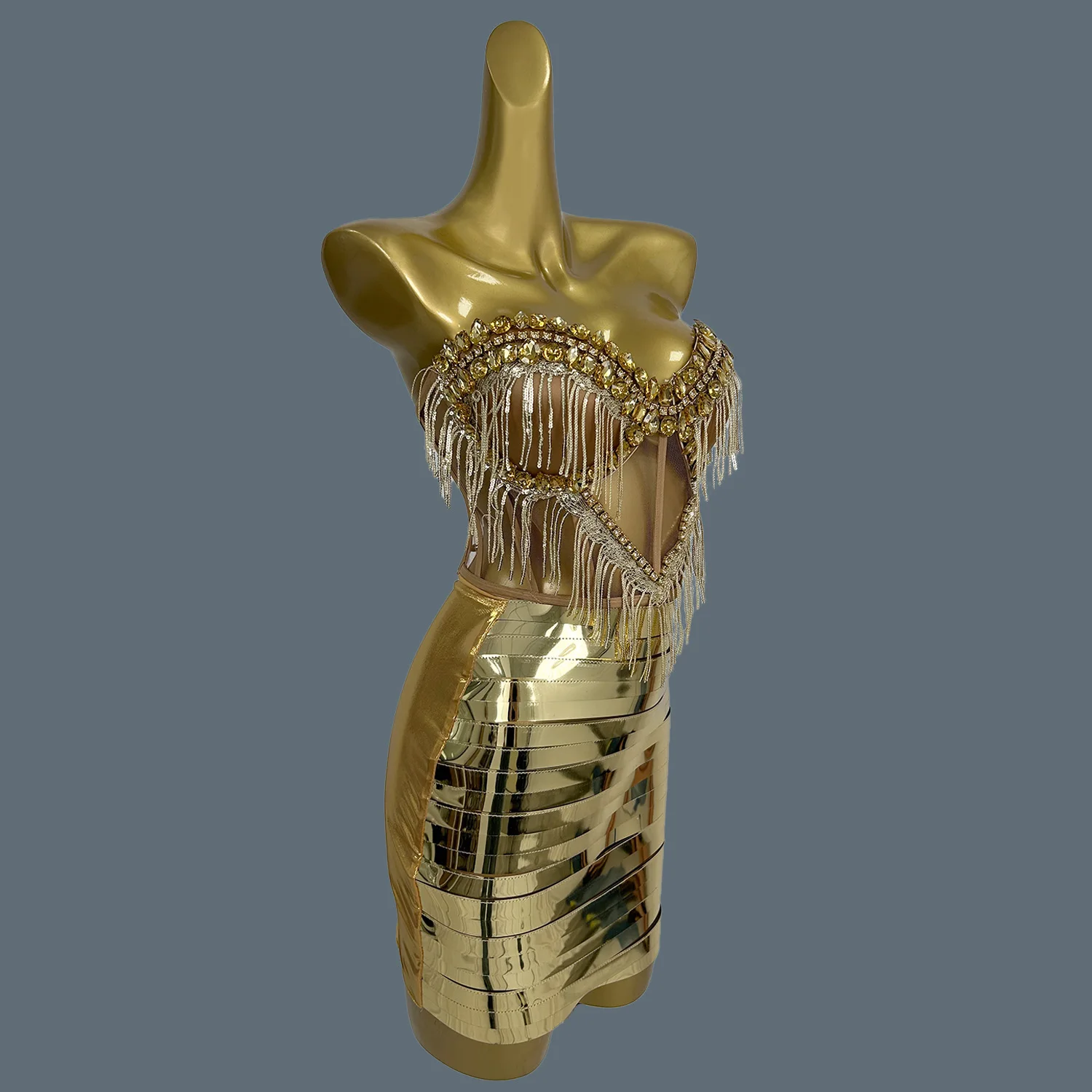 Блестящие золотые стразы с бахромой - Фотография_2