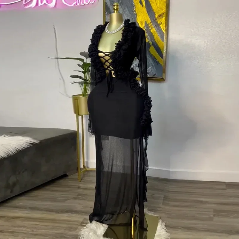 Модный женский комплект из сетки с длинными рукавами - Фотография_4