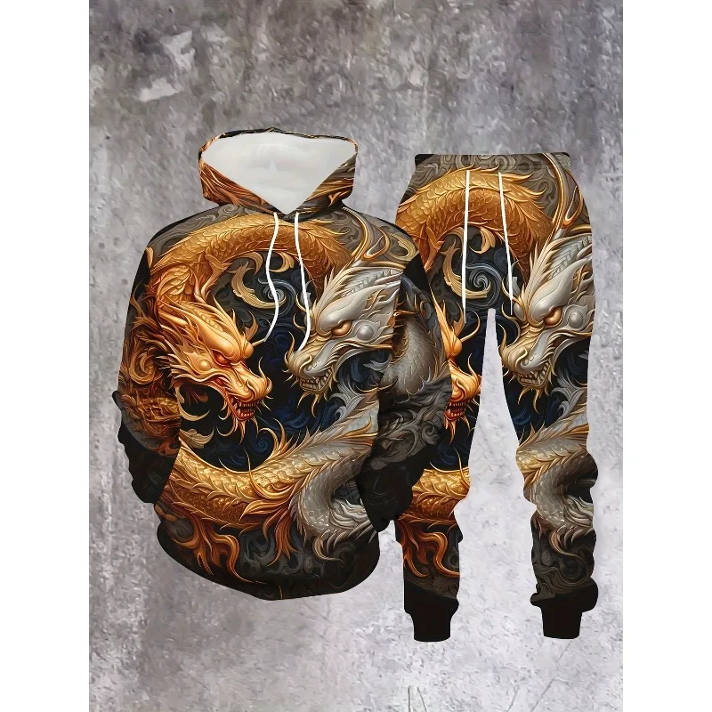 Модный мужской комплект свитшотов с капюшоном и 3d-принтом дракона - Фотография_2