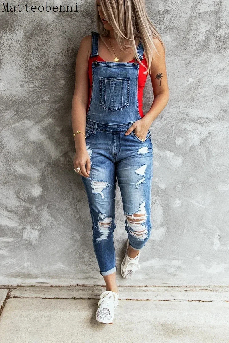 Женский сексуальный джинсовый комбинезон с рваными дырками - Фотография_4