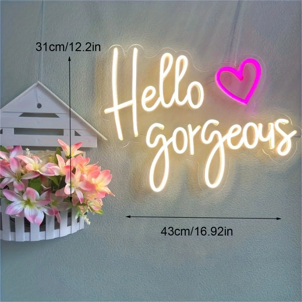Светодиодная неоновая вывеска «hello gorgeous» с подарками в виде сердца - Фотография_6