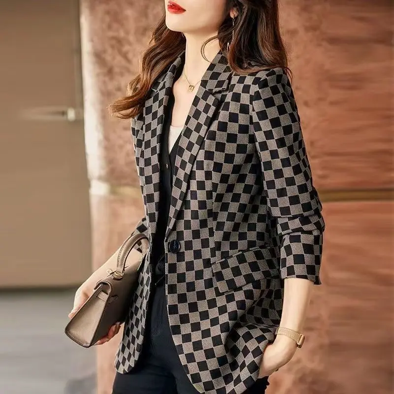 Женский повседневный свободный блейзер в клетку с длинным рукавом - Фотография_6