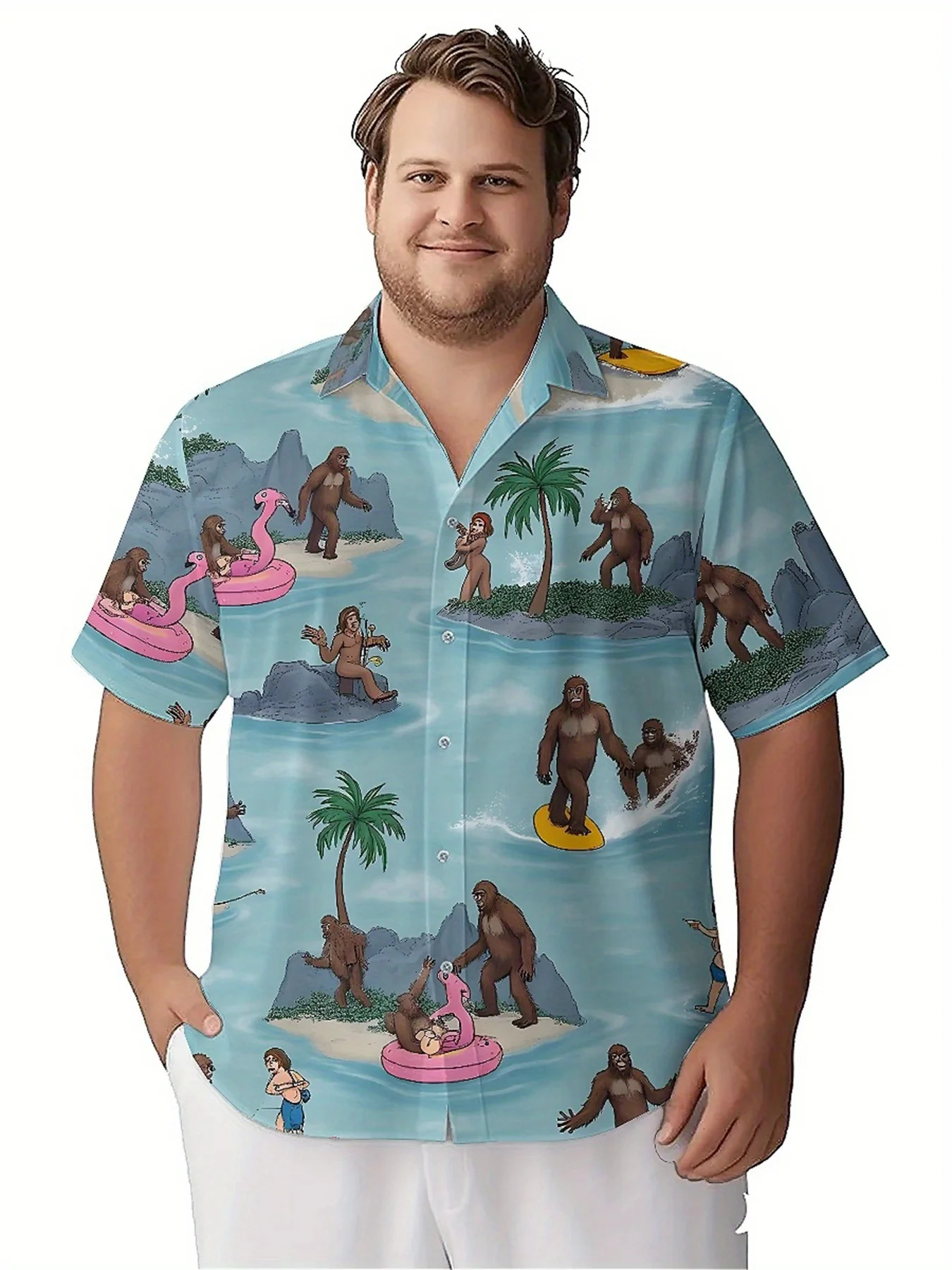 Мужские гавайские рубашки больших размеров sasquatch surfing on the beach - Фотография_3